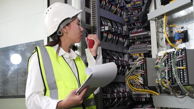 Asia female engineer inspecting industrial machine parts, wearing helmet and safety vest, using walkie talkie for communication, system maintenance, and workplace safety in factory environment