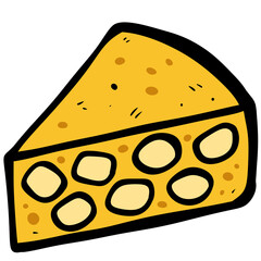 Wedge of yellow swiss cheese slice with holes. Dairy product food for cooking recipe. Flat design on transparent background.