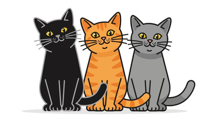 Three Cartoon Cats: A charming trio of cartoon cats with distinct coats, the orange cat with stripes, a sleek black, and a serene grey. Each feline sits gracefully, exuding a sense of playful poise. 