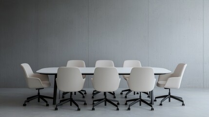 Obraz premium A minimalist conference room featuring a large, oval table surrounded by eight light-colored chairs against a textured concrete wall.