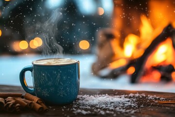 Obraz premium Hot drink cup near cozy fireplace