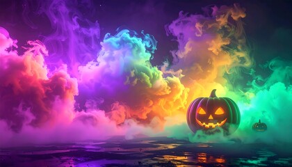 Naklejka premium Neon Multicolor Smoke Halloween Background with Pumpkin Silhouette