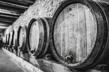 Aged wooden wine barrels lined up in a cellar