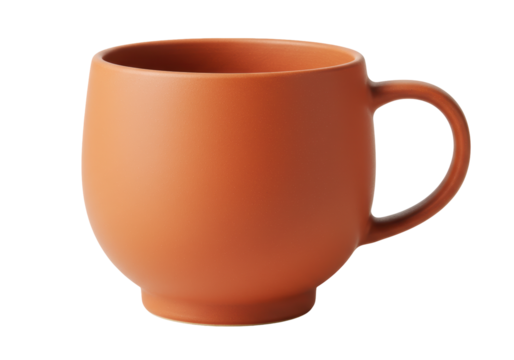 Isolated ceramic mug, orange color, with handle, for coffee, tea, or warm beverage, kitchenware