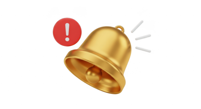 A golden notification bell icon with a red alert symbol isolated on a transparent background