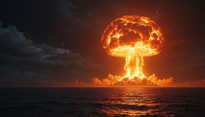 Dramatic atomic explosion over ocean landscape creates a powerful, ominous visual for creative projects