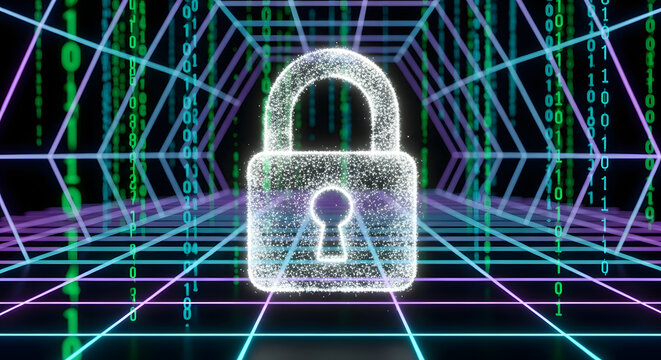 Secure Digital World Padlock in Abstract Network, Cyber Security Concept