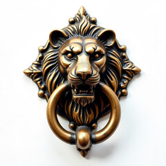 Ornate lion head door knocker in antique brass with detailed mane and decorative ring. AI generated.
