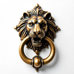 Ornate lion head door knocker in antique brass with detailed mane and decorative ring. AI generated.
