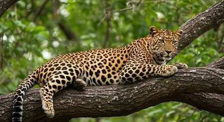 Majestic Leopard Rests on a Thick Tree Branch Amidst Lush Green Foliage