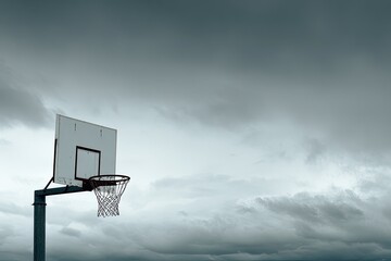 Outdoor basketball hoop against a dramatic sky