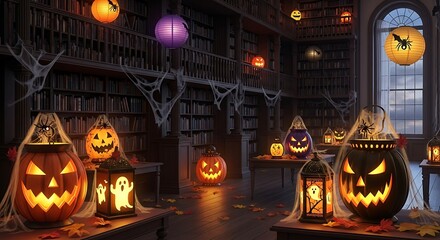 Spooky halloween library scene with glowing jackolanterns and hanging lanterns