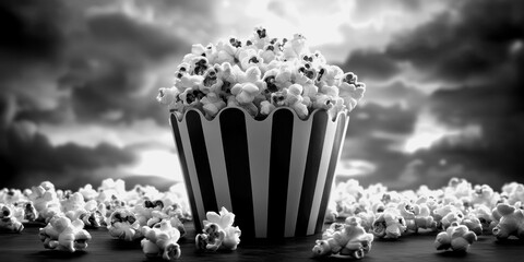 Popcorn in a striped bucket surrounded by scattered kernels
