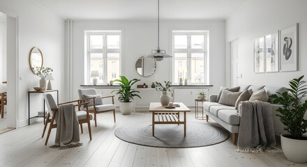 Modern minimalist living room with natural light, plants, and cozy decor, creating a serene atmosphere