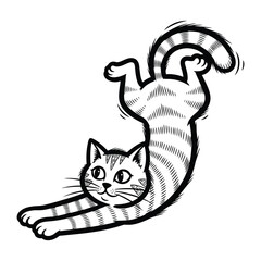 Playful Kitten in Motion: A charming black and white illustration of a playful kitten, showcasing its joyful spirit with a lively stretch.