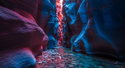 A narrow canyon with glowing red and blue light reflecting on water and rock walls