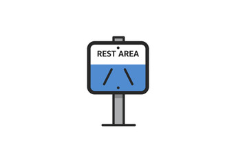 A blue Rest Area road sign on a gray post featuring a white upper portion and blue bottom with a dot and diagonal lines