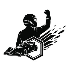 Silhouette of a victorious race car driver with a racing car and abstract speed lines.