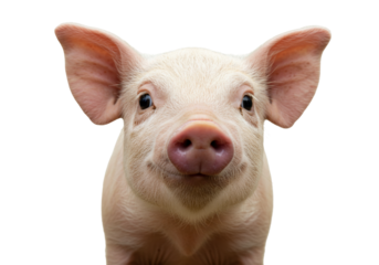 Isolated Portrait of Pink Piglet Staring at Camera, Young Farm Animal Facing Forward on Background