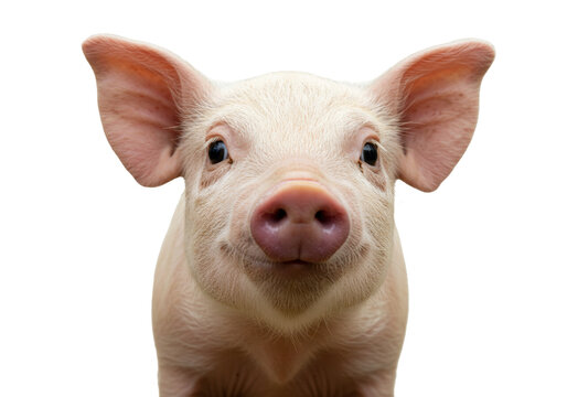 Isolated Portrait of Pink Piglet Staring at Camera, Young Farm Animal Facing Forward on Background