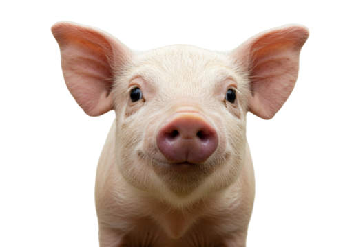 Isolated Portrait of Pink Piglet Staring at Camera, Young Farm Animal Facing Forward on Background