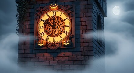 Spooky halloween clock tower with pumpkins under a full moon in the night sky