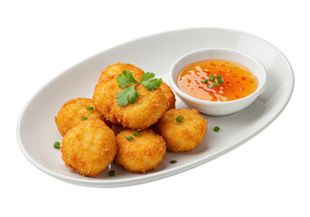 Isolated fried appetizer fritters with sauce on plate a perfect starter or snack dish