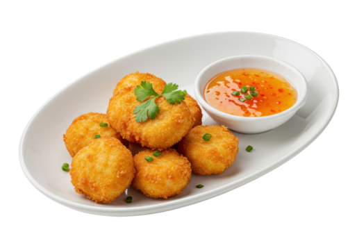 Isolated fried appetizer fritters with sauce on plate a perfect starter or snack dish