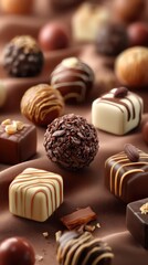 Various gourmet chocolates arranged artistically on a textured fabric background in a natural light setting