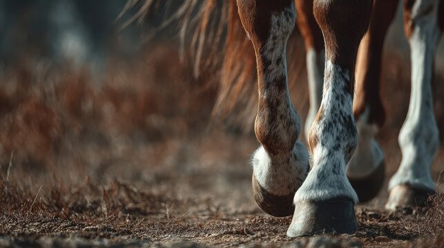 Close-up of a horse's hooves walking on a rustic trail in the countryside during late afternoon light