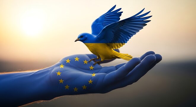 A hand holding a bird in flight, representing hope and freedom for Ukraine, set against the backdrop of the European Union flag, evokes a powerful image of support and solidarity.