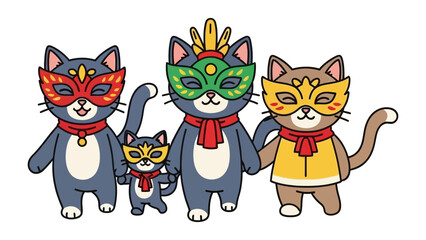 Festive Feline Family: A whimsical illustration showcases a charming family of cats adorned with vibrant carnival masks and scarves, embodying the joyous spirit of celebration.