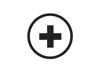 Black plus sign centered inside a black circle on a white background