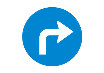 Blue circle sign with a white rightturning arrow symbol on a white background