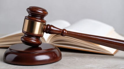 A close-up of a wooden gavel resting on a gray surface, with an open legal book in the background. This image represents justice, law, and the legal profession.