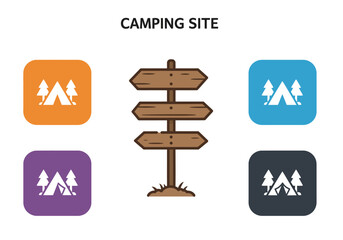 Illustration of a camping site sign with directional arrows