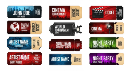 A collection of diverse event tickets for cinema, concerts, and parties, each with unique designs and themes isolated on transparent background