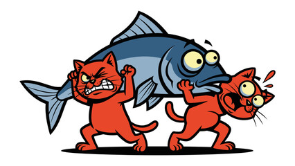 Feline Fishy Frenzy: Two animated cats engage in a comically chaotic struggle to haul a giant fish. The illustration captures the humor of the moment, with exaggerated expressions and lively poses.