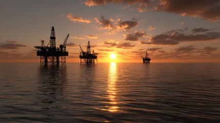 Dramatic sunset over oil rigs in the ocean, showcasing the intersection of nature and industry. The vibrant colors reflect on the calm water, symbolizing energy and progress.