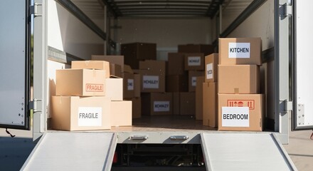 A moving truck with ramp extended displays stacked boxes inside, preparation for relocation