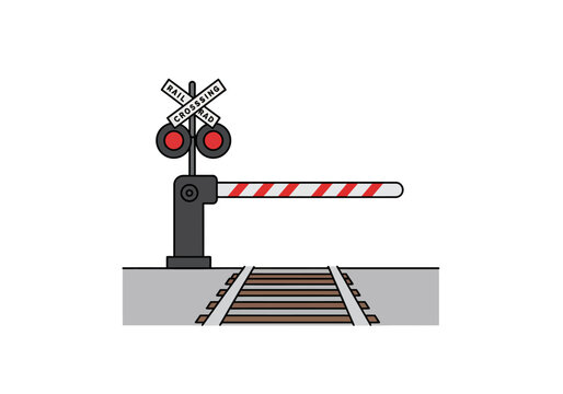 Rail crossing barrier down red lights flashing sign visible tracks on gray base