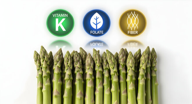A close-up shot of fresh green asparagus spears with icons representing Vitamin K, Folate, and Fiber above them.