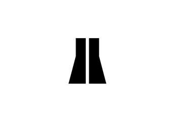 Two black pillarlike shapes stand vertically broadening towards the base