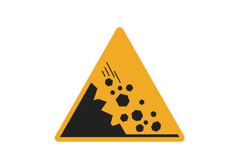 Yellow triangle warning sign showing falling rocks from mountain cliff