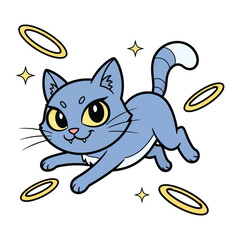Celestial Cat's Playful Ascent: A cartoonish blue cat joyfully leaps amidst floating golden rings and sparkling starbursts, capturing a whimsical fantasy scene.