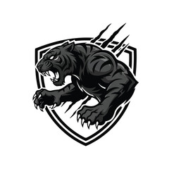 A fierce black panther mascot with sharp claws and bared teeth roaring aggressively while emerging from a shield emblem.