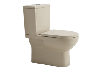 Isolated elegant khaki-beige colored toilet seat and tank with closed lid, flush button atop