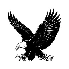 A silhouette of a bald eagle with its wings spread out in landing or attacking pose, a detailed tattoo or patriotic symbol.