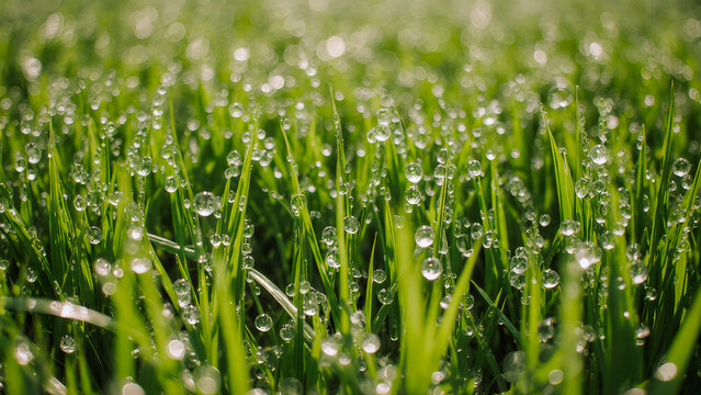 Seamless background of wet grass texture. Glossy surfaces perfect for nature or garden designs