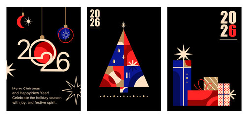 Modern 2026 Christmas and New Year Greeting Card Set in geometric retro style. Contemporary Christmas Graphics with 2026 Typography for posters, covers, prints, banners, and social media. Vector